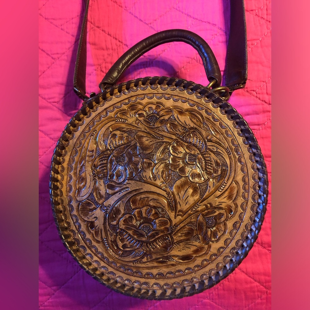 Handcrafted Floral Tooled Round Leather Crossbody Bag - Brown